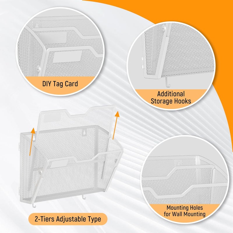 Docnest 2 Tier Mesh Wall File Holders with Hooks – 3 Pack Hanging Letter Holder - Document Organizer for Mail, Paper, Office, Home, School – Space-Saving Wall Mounted Folder Holder – White - Image 4
